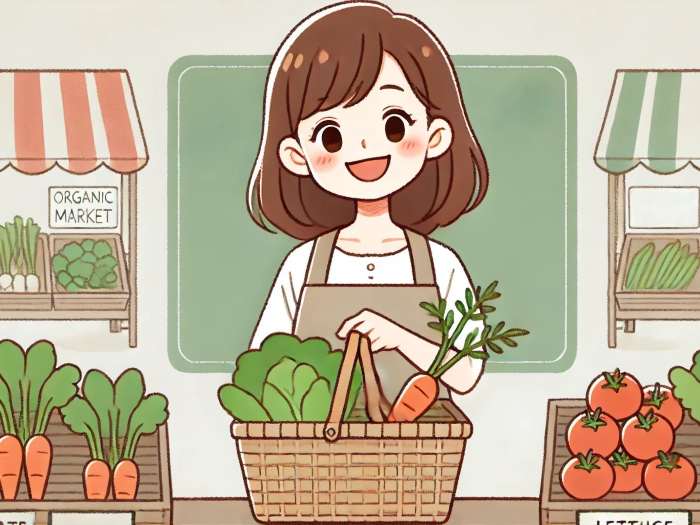 オーガニック野菜をかごに入れる主婦のイラスト