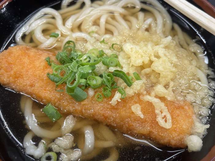 モチモチ食感の麺とあっさりした出汁が魅力のかけうどん。天かすと青ねぎがアクセント。