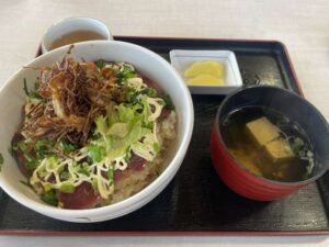 定食として出されたカツオのマヨ丼のセット。味噌汁や漬物も写っている。
