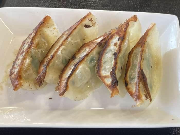 カツオ餃子の断面のアップ。中の具がぎっしり詰まっている様子が分かる。