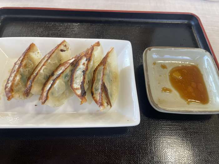 カツオ餃子の単品写真。カリッと焼き上がった餃子が5個並んでいる。